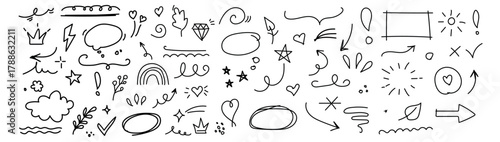 A chaotic collection of hand-drawn black and white doodles including arrows, circles, brackets, squiggles, and abstract shapes.