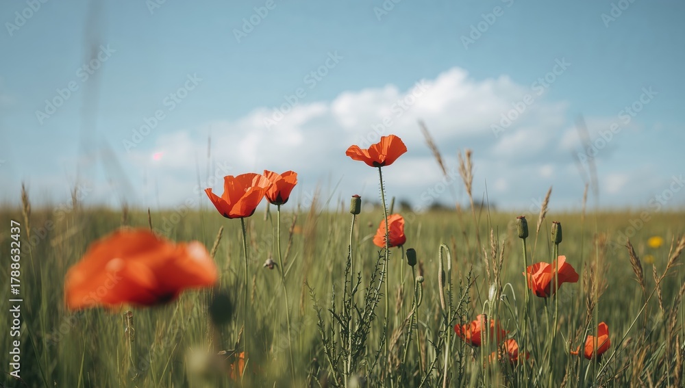 Obraz premium Scarlet Meadow A Dance of Red Poppies in a Field of Green and Gold, Underneath a Blue Sky.