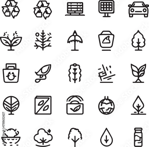 Eco and Sustainability Line Art Icons Set — Minimal Black Outline Vector Collection