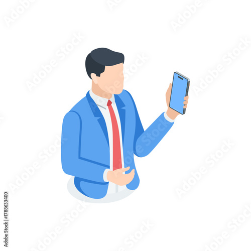 Isometric vector business man with smartphone, in color on white background, making calls or unlocking by face