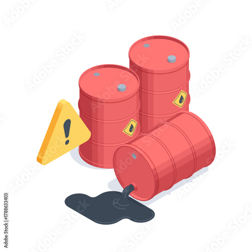 Isometric vector red iron barrels with oil and exclamation mark, in color on a white background, caution warning about the danger of environmental pollution