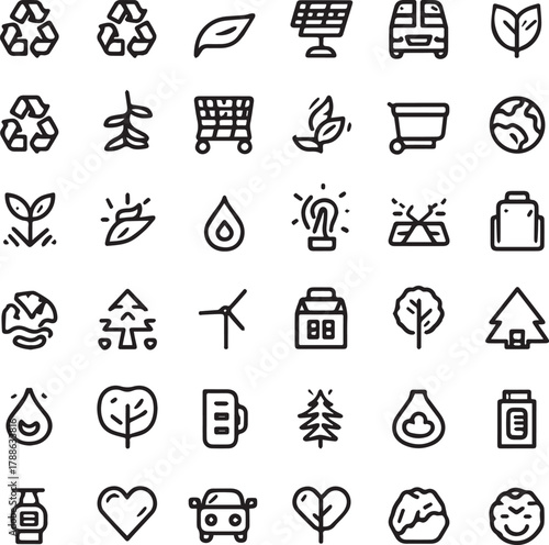 Eco and Sustainability Line Art Icons Set — Minimal Black Outline Vector Collection