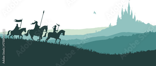 knight trio on horseback approaching castle with banners and lance