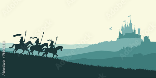 Carta da parati knight procession across hilly landscape with castle and towers