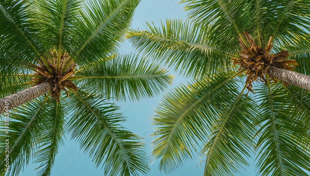 Fototapeta premium Verdant Fronds and Sky Canvas, Tropical Serenity, Abstract Summer Vista, Blue Canvas.