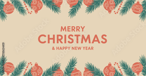 Vintage Christmas and New Year Greeting Card Background with Festive Pine Branch Border and Copy Space