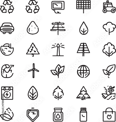 Eco and Sustainability Line Art Icons Set — Minimal Black Outline Vector Collection