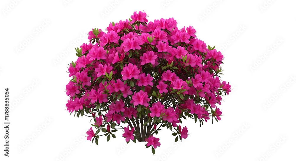Fototapeta premium Vibrant pink azalea bush, lush green leaves and delicate petals, isolated on white or transparent background, AI