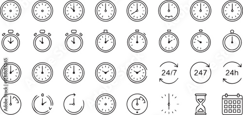 clock icon set line timekeeping symbols stopwatch timer