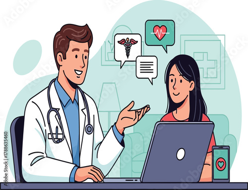 Telemedicine consultation doctor and patient video call, discussing health, diagnosis, and treatment options