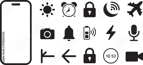 icon mobile ui icons grid smartphone sun alarm padlock moon airplane camera bell battery lightning microphone back enter video