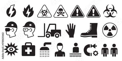 safety icons protective equipment and emergency signage vector collection