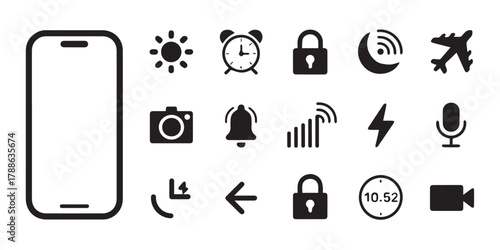 icon mobile ui icons set smartphone sun alarm padlock moon airplane camera bell battery lightning microphone back enter video