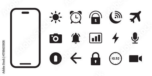 icon mobile ui glyphs smartphone sun alarm padlock moon airplane camera bell battery lightning microphone back enter video