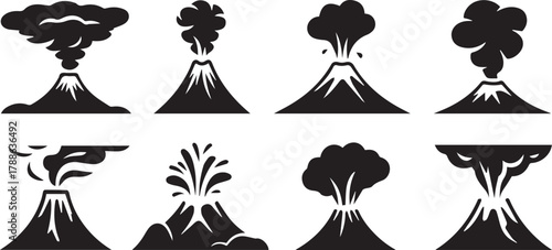 volcano icons set vector erupting silhouettes showing eruption styles