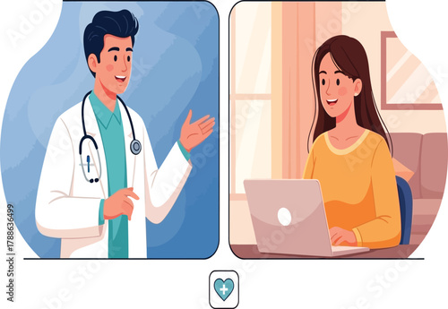 A telemedicine consultation with a doctor and a patient on a video call, discussing health concerns and symptoms in a virtual healthcare setting