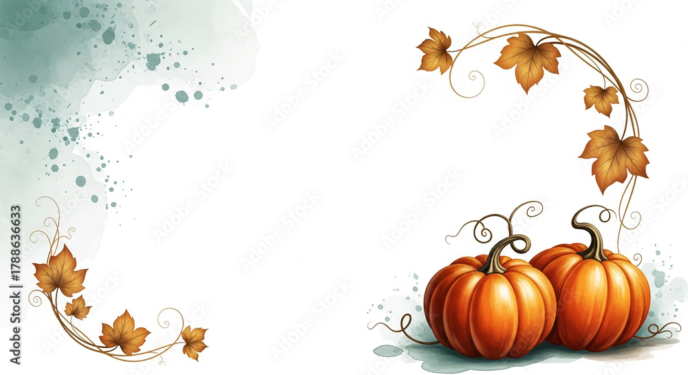 Fototapeta premium Illustration with orange pumpkins, autumn leaves, and watercolor effect, symbolic of harvest, Thanksgiving, or seasonal decoration, free space for text