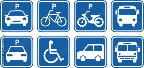 parking signs set vehicle symbols for car bike motorcycle bus