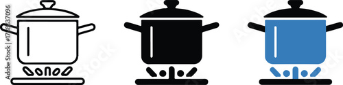 cooking pot symbol trio stove burner lid handles vector graphic set