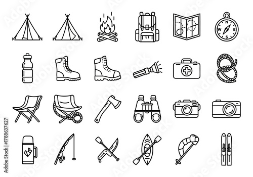 Comprehensive line icon set for outdoor adventure, camping, hiking, and travel. Includes symbols for tent, backpack, campfire, and tourism equipment vector illustration