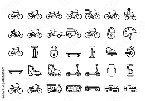 Set of urban transport and personal mobility line icons including bicycle, scooter, skateboard, and public transit vehicles