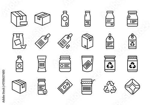 Vector icon pack with thin line symbols for shopping and product packaging, including parcel boxes, grocery items, and retail price tags