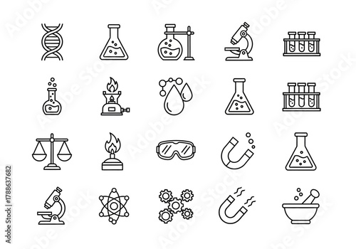 Collection of thin line icons for science, chemistry, and laboratory research. Vector symbols for biology, physics, and experimentation