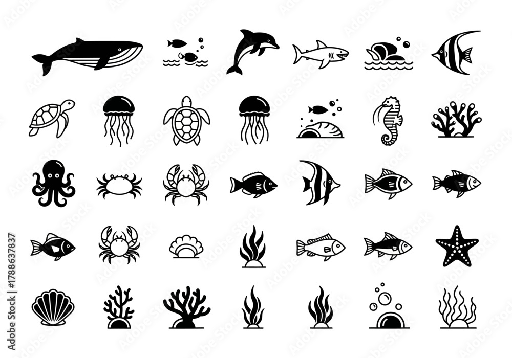 Fototapeta premium A comprehensive collection of black vector icons depicting various marine life and ocean elements, including fish, whales, and coral for design projects
