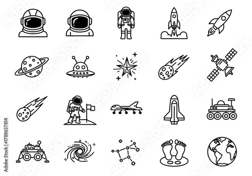 A comprehensive collection of space exploration and astronomy line icons, featuring symbols like an astronaut, rocket, planet, and galaxy for creative projects