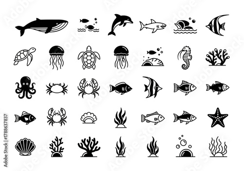 A comprehensive collection of black vector icons depicting various marine life and ocean elements, including fish, whales, and coral for design projects