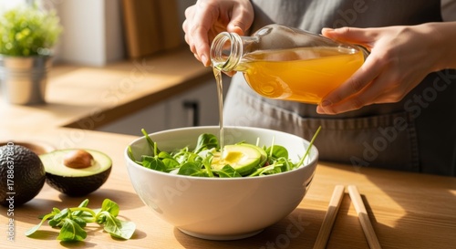 Hands pouring homemade apple cider vinegar into a fresh salad