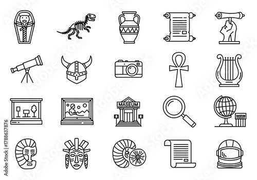 A comprehensive set of thin line icons representing history, archaeology, and museum exhibits, including ancient artifacts, fossils, and cultural symbols