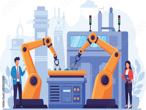 Industry and automation illustration with robotic arms, factory workers, and modern machinery