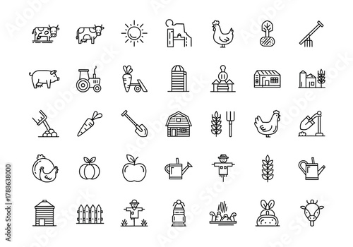 Modern agriculture and farming thin line icon set. A detailed collection of vector symbols for rural and organic concepts on an isolated background