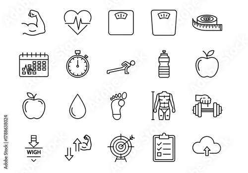 Health and fitness line icon set. Vector outline symbols for sport, wellness, diet, and body measurement. Gym workout graphic elements collection