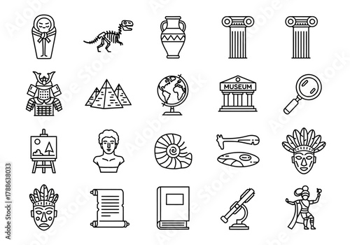 A collection of history and archaeology outline icons. Set of ancient civilization symbols and museum artifacts for heritage property