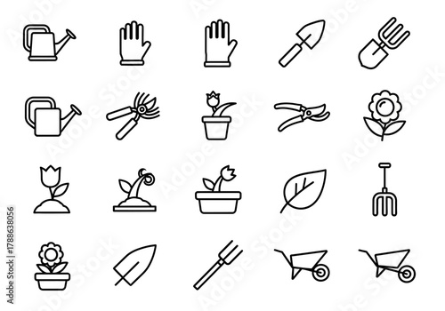 Set of outline icons for gardening and farming. A vector collection of essential tools like a watering can, trowel, gloves, and various plant symbols