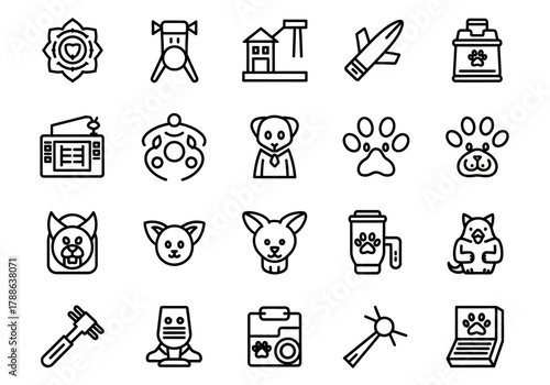 A comprehensive collection of line icons representing pet care, veterinary services, and animal accessories for graphic design projects (45)