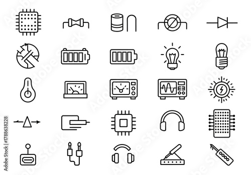 Electronics and technology linear icon collection. Features symbols for hardware, circuit components, devices, and engineering design