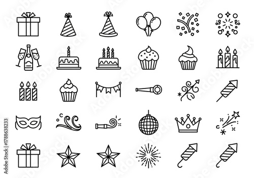 A versatile collection of party and celebration line icons, featuring birthday cake, gift, and balloon symbols for festive occasions