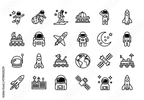 Collection of space exploration line art icons featuring astronauts, rockets, rovers, and celestial bodies for science and technology design projects