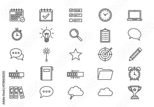 Universal thin line icon set for business, web, and mobile applications. Includes symbols for planning, organization, communication, and success