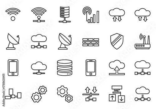 A comprehensive set of thin line icons representing technology concepts such as cloud computing, server hosting, data transfer, and wireless networking