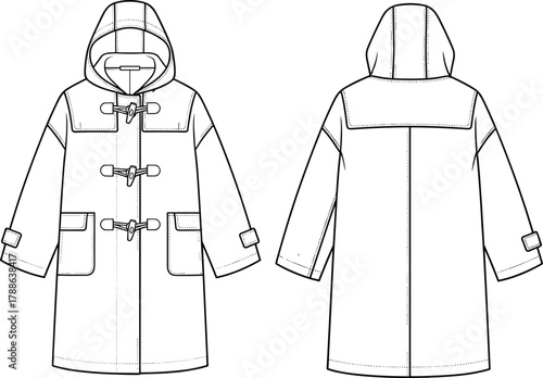 Hooded coat vector illustration, front and back technical sketch, toggle closure design, flap pockets, adjustable cuff straps, fashion garment template drawing