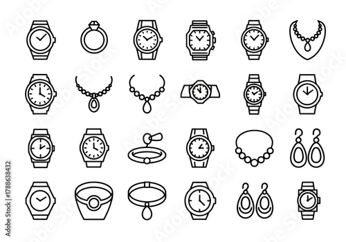 A diverse set of outline icons representing various fashion accessories, including wristwatches, rings, necklaces, bracelets, and earrings in a minimalist style