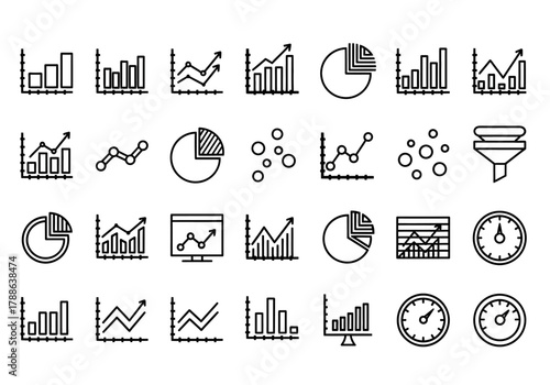 Set of thin line data analysis and business report icons. Vector graphics for statistics, infographics, charts, and financial presentation elements