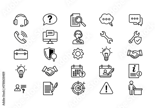 Comprehensive set of thin line icons representing customer service, technical support, and business communication concepts
