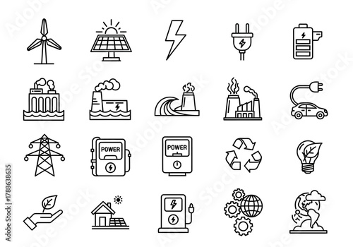 Thin line icons set of energy and power generation. Outline symbol collection for renewable resources, electricity, and ecology concepts