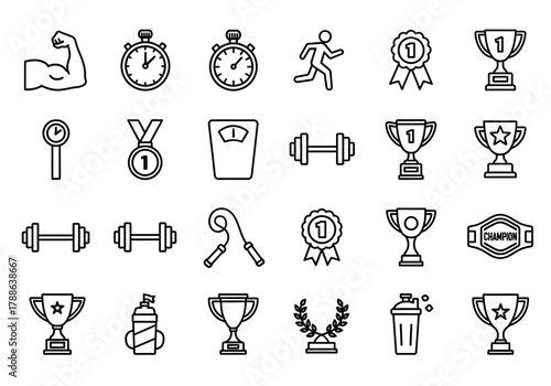 Sports and fitness line icon collection. A vector set of gym workout, competition trophy, award medal, and champion symbols for graphic design elements