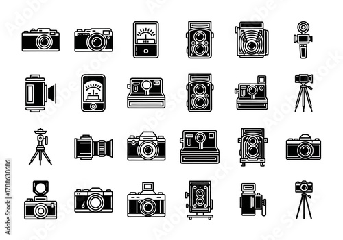Vector icon set of various cameras and photography equipment. Collection includes retro film, modern digital cameras, and accessories in a simple line art style